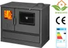 A dark gray wood-burning stove with a glass oven door and a stovetop, shown in a studio setting with promotional graphics on the right. Produktbild-Vorschau