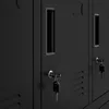 A close-up view of a black metal locker with keys in the locks. Produktbild-Vorschau