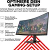 A curved gaming monitor displaying a game scene, with text and icons describing its features. Produktbild-Vorschau