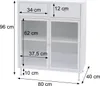 A white cabinet with glass doors and drawers, with dimensions indicated by measurement lines and text. Podgląd zdjęcia produktu