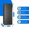 A black refrigerator with dimensions and feature callouts. Produktbild-Vorschau