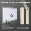 A close-up view of the back of a LED mirror with a shaver and electric toothbrush, and a separate close-up of a shaver socket. Produktbild-Vorschau