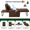 A brown sofa bed is shown in its assembled state, with a wireframe cat illustration on top. Below are four instructional images showing different configurations of the sofa and its components. Náhled obrázku produktu