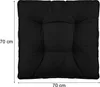 A black square cushion with a textured surface, shown from a top-down perspective. Dimensions are indicated by measurement lines and text. Produktbild-Vorschau