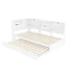 A white daybed with a pull-out trundle bed, shown from a diagonal angle against a white background. Produktbild-Vorschau