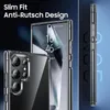 A clear phone case is shown on a dark background with text highlighting its features. Produktbild-Vorschau