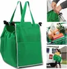 Collage of images showing a green shopping bag, its use in a shopping cart, and a person carrying it. Náhľad obrázku produktu