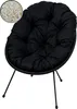 A black cushion chair with thin black legs on a white background. A circular inset shows a close-up of the cushion's filling. Produktbild-Vorschau