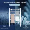 A split image showing a towel warmer in a bathroom setting with condensation on one side and frost on the other, illustrating its ability to keep things warm and dry in different weather conditions. Produktbild-Vorschau