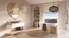 A modern, minimalist bathroom with a freestanding bathtub, a floating vanity, and a large window overlooking the ocean. Produktbild-Vorschau