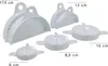 A set of five white plastic pastry or dumpling makers of varying sizes are displayed on a white background. Dimensions are indicated with lines and text. Produktbild-Vorschau