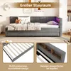A grey upholstered daybed with LED lighting and decorative pillows, shown with close-up insets of the bed frame and storage compartments. Podgląd zdjęcia produktu