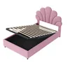 A pink bed frame with a seashell-shaped headboard and the mattress base lifted to reveal storage space. Anteprima dell’immagine prodotto