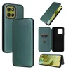 A collage of images showing a green carbon fiber textured flip case for a smartphone, with different angles and views. Produktbild-Vorschau