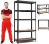 A man in red overalls stands next to a black metal shelving unit. Podgląd zdjęcia produktu