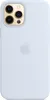 A back view of a light blue iPhone 12 Pro Max case with the Apple logo embossed in the center. Produktbild-Vorschau
