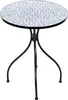A round mosaic table with a blue and white floral pattern and black metal legs, isolated on a white background. Náhled obrázku produktu
