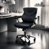 A black office chair is positioned in front of a desk with a laptop and desk lamp, near a window with curtains. Náhled obrázku produktu