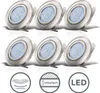 A set of six recessed LED spotlights arranged in two rows of three, with icons below indicating features. Voir les images du produit