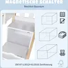 A close-up view of the interior of a white and wood-toned storage unit, possibly a bed or cabinet, with diagrams illustrating storage cubes and icons representing books, writing, and folded clothes. Produktbild-Vorschau