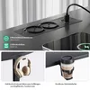 A collage showing different features of an electric height-adjustable desk, including integrated power outlets, USB ports, a headphone hook, and a cup holder. Produktbild-Vorschau