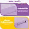 Close-up views of a fabric product, highlighting stitching and a zipper, with German text describing features. Produktbild-Vorschau