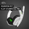 A white gaming headset with green accents is shown against a dark gray background. Text overlays highlight a feature of the headset. Produktbild-Vorschau