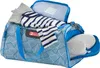 A blue duffel bag with a geometric pattern, partially open and filled with clothes and slippers. Produktbild-Vorschau
