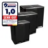 Three black trash cans of different sizes are shown, with a prominent review badge on the left. Produktbild-Vorschau