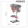 A studio shot of a drill press with dimensions indicated. Produktbild-Vorschau