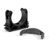 A black pipe clamp and a gray clip are shown on a white background. Produktbild-Vorschau