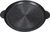 A top-down view of a round, black grill pan with a speckled pattern and concentric ridges. Voir les images du produit