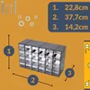 A product image showing a storage organizer with dimensions indicated by numbers and arrows, along with a list of measurements. Produktbild-Vorschau