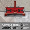 A red and clear floor sweeper is shown on a collage of different floor types (carpet, wood, tile). Text indicates suitability for multiple floor types. Produktbild-Vorschau