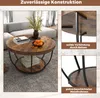 A round coffee table with a wood-look top and black metal legs, shown in a living room setting and with close-up detail shots. Anteprima dell’immagine prodotto