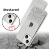 A phone case with glitter is shown on a cracked concrete surface, with a diagram illustrating shockproof protection. Anteprima dell’immagine prodotto