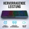 A gaming keyboard with RGB lighting, accompanied by icons and text highlighting its features. Produktbild-Vorschau