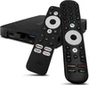 A black streaming box with two black remote controls in front of it, on a white background. Produktbild-Vorschau
