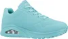 A single turquoise Skechers Uno Stand on Air shoe is shown from the side against a white background. Voir les images du produit