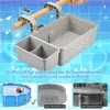 A pool storage basket is shown attached to a pool railing, with additional images showing different types of pools. Produktbild-Vorschau