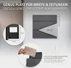 A mailbox is shown mounted on a wall, with close-up insets detailing its dimensions and a hand inserting a letter. Text overlays provide feature information. Produktbild-Vorschau