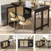 A collage of images showcasing a black dining set with rattan accents, including a sideboard and a table with chairs, in various configurations and settings. Podgląd zdjęcia produktu