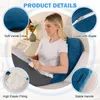 A woman is sitting on a couch, reading a book, while leaning against a large, blue, wedge-shaped pillow. The image is divided into four sections, each highlighting a feature of the pillow with text labels. Produktbild-Vorschau