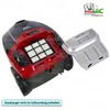 A red and black vacuum cleaner with its filter cover removed, showing the filter inside. A silver filter cover with text is placed next to it. A logo and text are in the upper right corner. Text is also present at the bottom. Produktbild-Vorschau