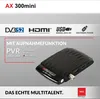 A product shot of a small black electronic device with text overlays highlighting its features and brand. Produktbild-Vorschau