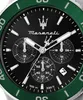 A close-up view of a Maserati chronograph watch face with a green bezel. Produktbild-Vorschau