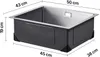 A stainless steel sink with dimensions indicated by measurement lines and text. Anteprima dell’immagine prodotto