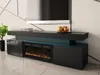 A modern black TV stand with a built-in fireplace and blue LED lighting, with a television mounted above it. Produktbild-Vorschau
