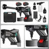 A collage of images showing a portable high-pressure cleaner and its accessories, including batteries, charger, and various nozzles. Produktbild-Vorschau