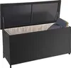 An open black poly-rattan storage box with a beige liner, containing cushions. Náhled obrázku produktu